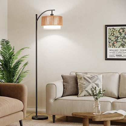 SUNMORY Floor Lamps for Living Room with 12W LED Bulb, Arc Floor Lamp with 3 Color Temperatures, Farmhouse Floor Lamps with Adjustable Rattan & Fabric Shades, Boho Standing Lamp for Bedroom, Corner