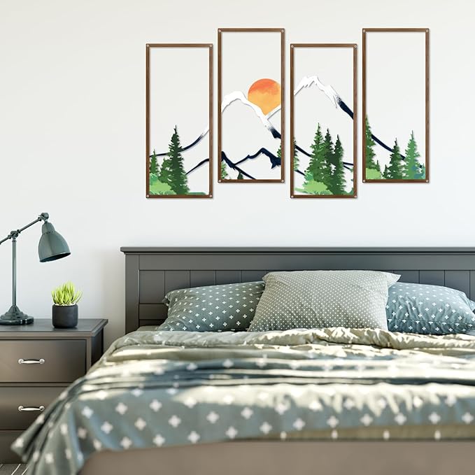 ruelen 4 Pcs Metal Sunset Mountain Forest Wall Decor, Abstract Minimalist Line Drawing Large Colorful Mountains Wall Art Home Decor for Living Room Bathroom Bedroom Office Indoor And Outdoor (Large)