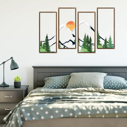ruelen 4 Pcs Metal Sunset Mountain Forest Wall Art Mountain Line Decor Abstract Minimalist Wall Sculpture Rustic Nature Wall Decor for Home Office Bathroom Bedroom Living Room (Green)