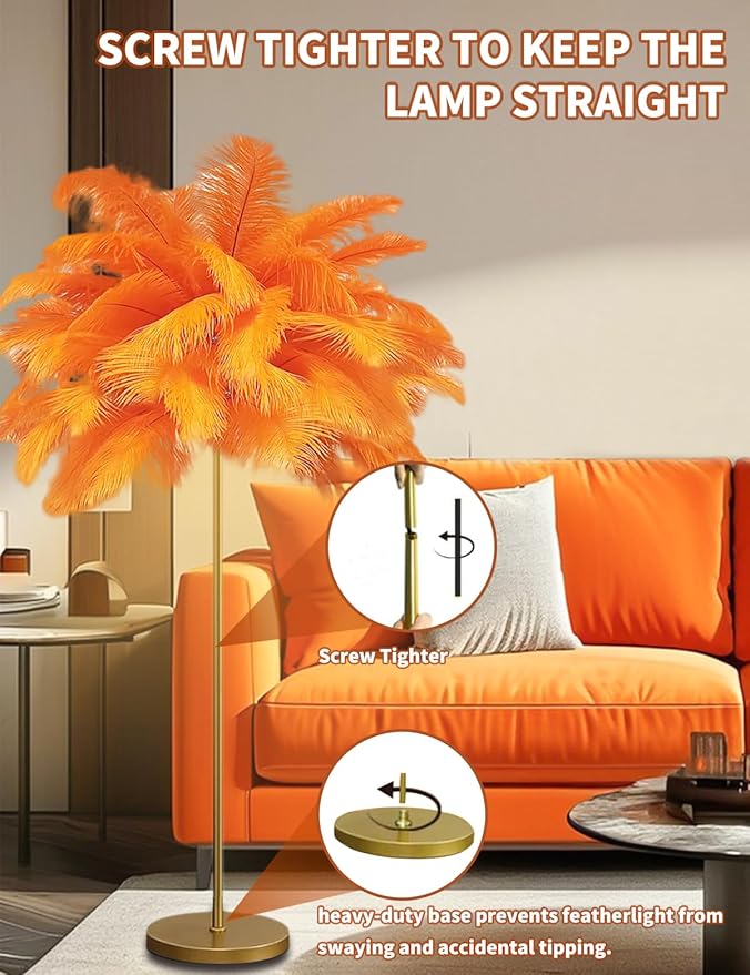 Feather Floor Lamp,Fluffy Ostrich Feather Floor Lamp for Bedroom,3 Color Temperatures Led Corner Modern Floor Lamps for Living Room Christmas Home Decor House Warming Gifts,63″ Height (Orange)