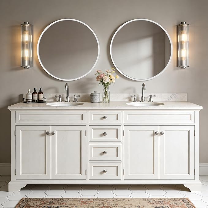WallBeyond Round Wood Mirror 28 inch Circle Wall Mirror for Bathroom Round Wall Mirror for Wall Decor, Vanity, Entryway Living Room (White)