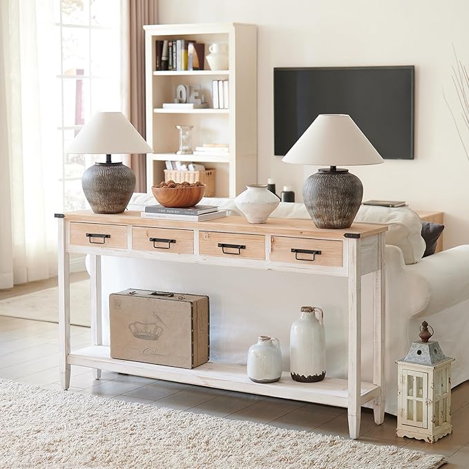 RUSTOWN Farmhouse Console Table with 4 Drawer, 60" Long Rustic Entryway Table with Open Storage Shelves and Handmade Metal Handle, Narrow Foyer Sofa Table for Living Room, Entryway, Hallway(White)