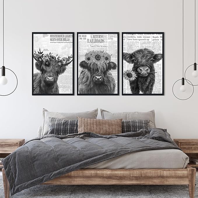 Black White Floral Highland Cow Canvas Wall Art Farmhouse Vintage Flower Cow Poster for Kitchen Wall Decor Funny Animal Print Artwork for Living Room Gallery Decoration 16x24inchx3pcs,Black Framed