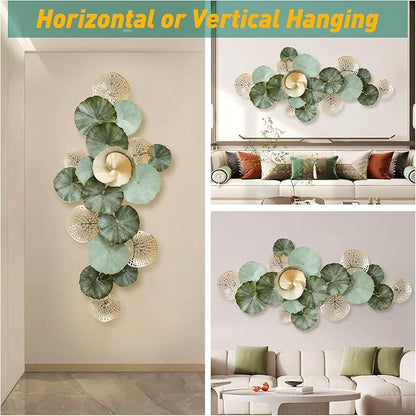 edaknez Metal Wall Art Decor, Large Metal Wall Art, 3D Flower Leaves Wall Decor, Modern Lotus Decoration for Indoor Outdoor Living Room Bedroom, Green & Gold (C 135x64x6cm)