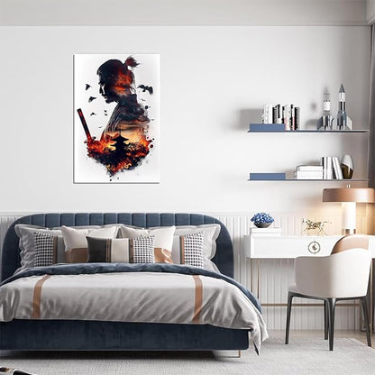 Japanese Samurai Canvas Wall Art Prints Armored Knights Wall Decor Canvas Painting Medieval Poster Framed for Living Room Bathroom Bedroom Office Home Decor Framed (18''W x 24''H)