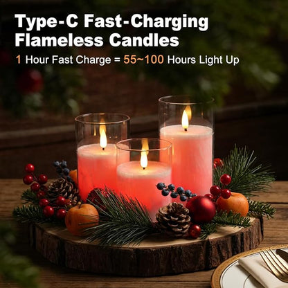 LEDHOLYT Rechargeable Ice Crystal Glass Flameless Candles, RGB Color Changing Realistic Flickering Flameless Candles with Remote & Timer,Best Festival Wedding Home Party Decor - Set of 3