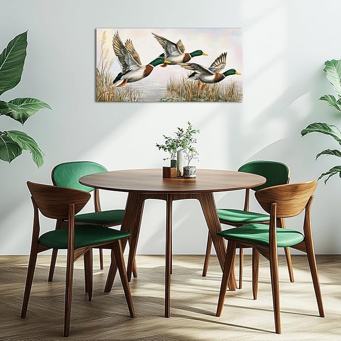 LevvArts Duck Wall Art Flying Mallard Ducks Over Lake Painting Canvas Print Vintage Lake House Cabin Decor 20"x40"