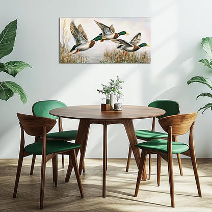 LevvArts Duck Wall Art Flying Mallard Ducks Over Lake Painting Canvas Print Vintage Lake House Cabin Decor 20"x40"