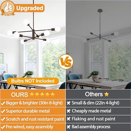 10.9"-52.3" Height Adjustable Modern Chandelier Ceiling Light Fixture, 8-Light Sputnik Chandeliers Brown and Gold Mid Century Chandelier Over Table, Chandeliers for Dining Room (Bulbs Not Included)