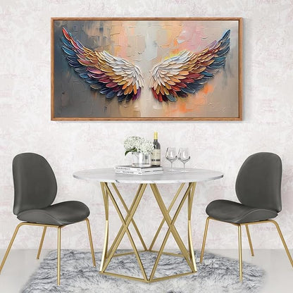 Aurlan Angel Wings Framed Wall Decor(40"x20"), Large Abstract Colorful Feather Oil Painting Canvas Artwork, Modern Contemporary Inspirational Wall Art for Living Room Bedroom