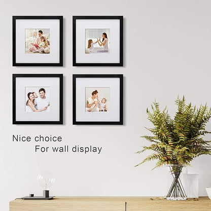 Egofine 10x10 Picture Frames Black,Made of Solid Wood with HD Plexiglass for Pictures 6x6 with Mat or 10x10 without Mat, Tabletop and Wall Mounting Display, Set of 4