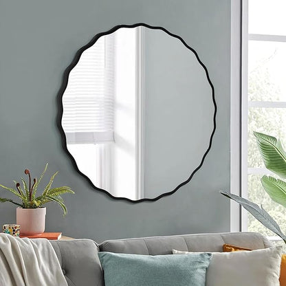 Black Bathroom Mirror for Wall, 24 Inch Round Wavy Mirror with Wood Frame for Bathroom Bedroom Living Room or Entryway(24")