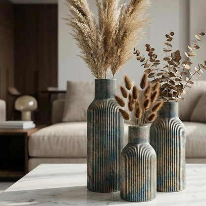 Vintage Blue Ceramic Flower Vases Set of 3, Modern Matte Vertical Ribbed, Nordic Minimalist Decor for Pampas Dried & Fresh Flowers, Centerpiece for Living Room, Shelf, Entryway, Wedding