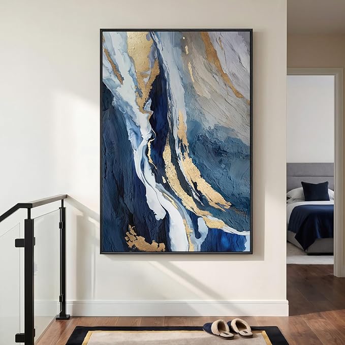 Extra Large Framed Blue Abstract Wall Art for Living Room, 40x60 In Oversized Blue and Gold Modern Canvas Prints Paintings, Big Vertical Navy Blue Pictures for Hallway Dining Bedroom Office Wall Decor