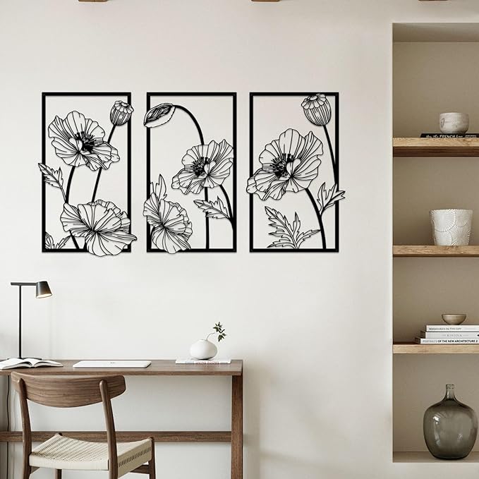 Resama 3 Pcs Black Metal Flowers Wall Decor, Minimalist Abstract Wall Art Modern Floral Line Wall Sculpture Hanging for Bedroom Bathroom Kitchen