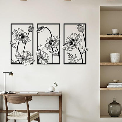 Resama 3 Pcs Black Metal Flowers Wall Decor, Minimalist Abstract Wall Art Modern Floral Line Wall Sculpture Hanging for Bedroom Bathroom Kitchen