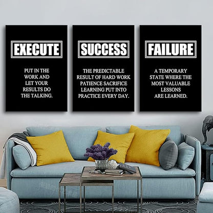Motivational Wall Art Canvas Painting Decor Success Quote Execute Failure Definition 3 Pieces Black Inspirational Poster Positive Framed Artwork Prints Picture for Living Room Office [60''W x 28''H]