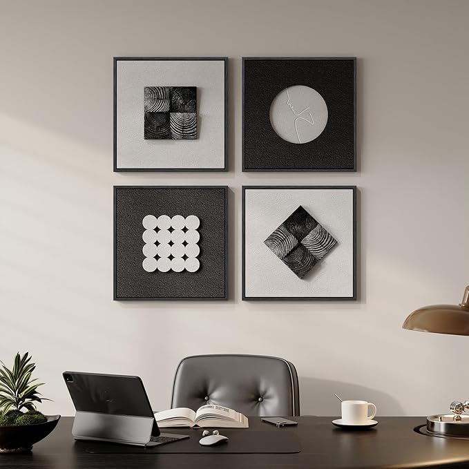 3D Wood Textured Framed Black and White Wall Art Set, Modern Neutral Abstract Geometric Paintings Artwork for Walls, Minimalist Black Wooden Pictures Wall Decor for Living Room Hallway Dining Bedroom