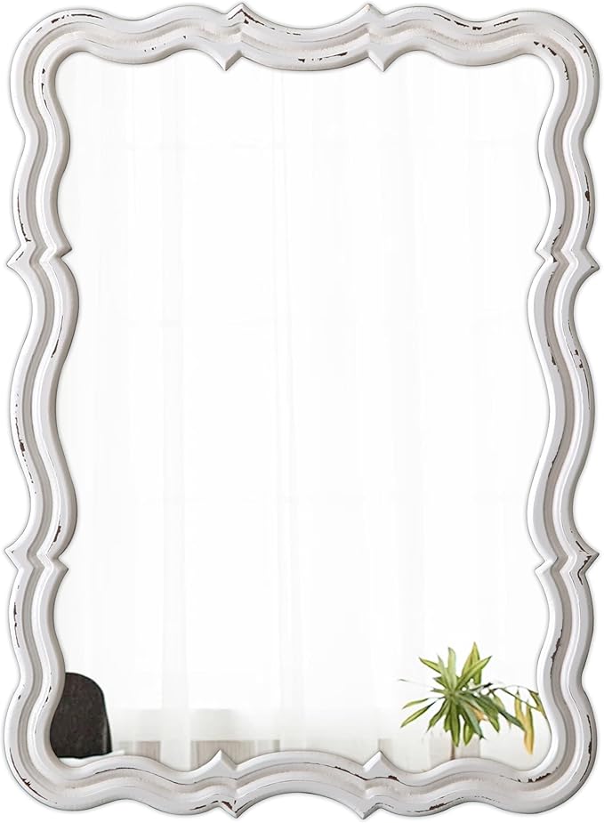 Rustic Scalloped Wall Mirror Decorative 24 X 18 Inch, Hanging Distressed White Wavy Wooden Frame Farmhouse Rectangular Mirrors for Wall Decor Living Room Bathroom, Horizontal or Vertical