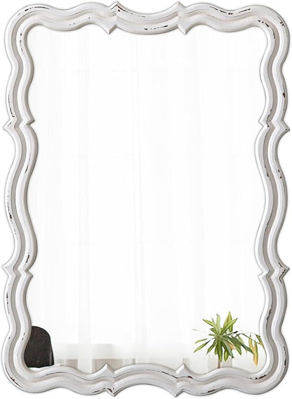 Rustic Scalloped Wall Mirror Decorative 24 X 18 Inch, Hanging Distressed White Wavy Wooden Frame Farmhouse Rectangular Mirrors for Wall Decor Living Room Bathroom, Horizontal or Vertical