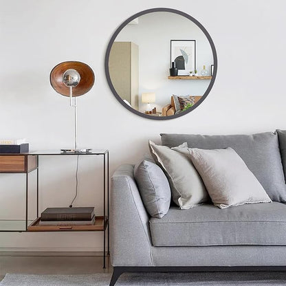 JJUUYOU Large Round Mirrors for Wall Circular Mirror for Bathroom 24 Inch Mirror Wood Framed Round Bathroom Make up Mirrors for Living Room Wall Mounted Bedroom Dorm