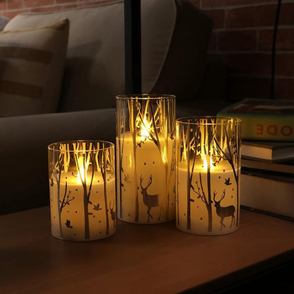Rhytsing Silver Reindeer Design Glass Battery Operated LED Candles with 6H Timer, Christmas Flameless Candles with Warm White Light, Batteries Included - Set of 3