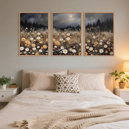 Moody Wildflower Framed Canvas Wall Art Set, Calming Nature Dark Floral Wall Decor, Boho Misty Forest Botanical Meadow Artwork Modern Landscape Print for Living Room,Bedroom-24 x36 x3