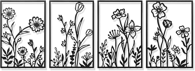 AMAATE Botanical Line Art Metal Wall Decor Set of 4, Black Iron Floral Wall Sculptures Featuring Daisy, Tulip and Wildflower Designs, Minimalist Garden Themed Art for Living Room, Bedroom, Farmhouse Decor, 14.6" X 22.5"