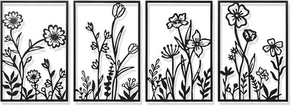 AMAATE Botanical Line Art Metal Wall Decor Set of 4, Black Iron Floral Wall Sculptures Featuring Daisy, Tulip and Wildflower Designs, Minimalist Garden Themed Art for Living Room, Bedroom, Farmhouse Decor,11" X 14.6"