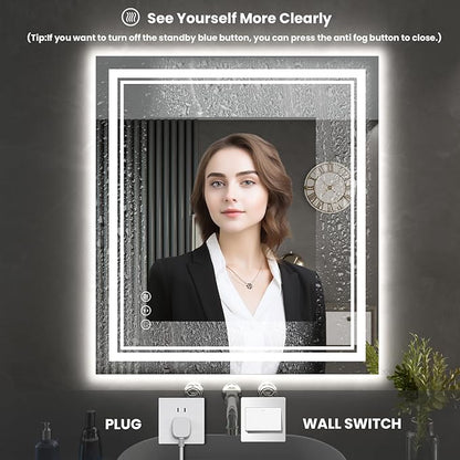 28 x 32 Inch LED Bathroom Mirror, Front Light and Backlit Anti-Fog Dimmable Memory Lighted Vanity Mirror, Shatterproof Wall-Mounted Led Mirror for Bathroom