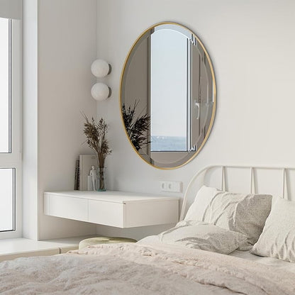POZINO Oval Beveled Mirrors, 22"x30" Brush Gold Bathroom Vanity Mirror for Over Sink, Stainless Steel Frame Mirrors Modern Wall Mirror for Living Room Bedroom Entryway, Horizontal Or Vertical ﻿