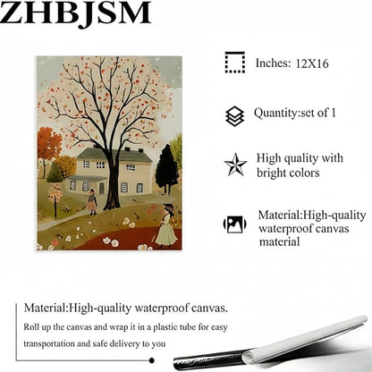 Autumn Wall Art Set of 3 Boho Vintage Cozy Rustic Autumn Tree Small Town Scene Walking Figure Dog Warm Tone Home Living Room Bedroom Nature-Themed Stylish Interior Decor Accent 12x16 Inch Unframed