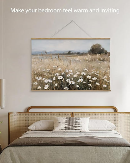 ARPEOTCY Extra Large Vintage Framed Wall Art, 36x54 Inch Wildflower Field Floral Landscape Hanging Canvas Prints Scroll Wall Art Decor for Living Room Bedroom, Retro Scenery Pictures Above of Bed