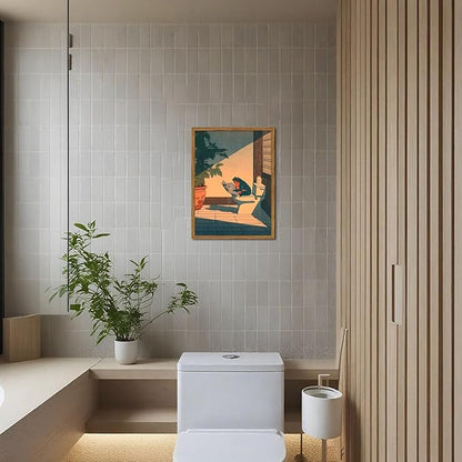 Funny Frog Bathroom Wall Art, Cute Japanese Frog in Toilet Wall Decor, Whimsical Green Animal Restroom Poster Canvas Painting Prints Artwork 16x24 inch Framed