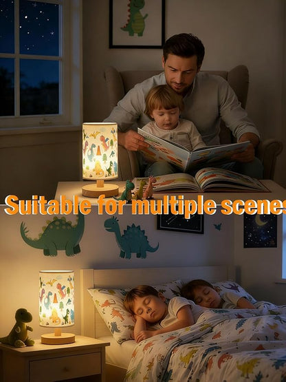 Kids Table Lamp for Bedroom,Dinosaur Room Decor for Boys,3 Level Dimmable Wood Nightstand Desk Base Flaxen Fabric Shade for Bedroom Living Room,Dinosaur Gifts for Boys (Colour)