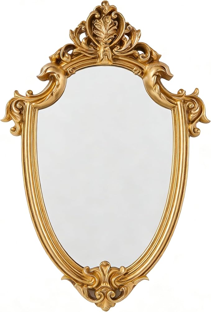 Vintage 16 x 11 Inch Large Decorative Wall Mirror Gold Shield Shape, Wall-Mounted Decorative Mirror, Retro Hanging Mirror for Entryway, Corridor, Bedroom, Living Room Vanity