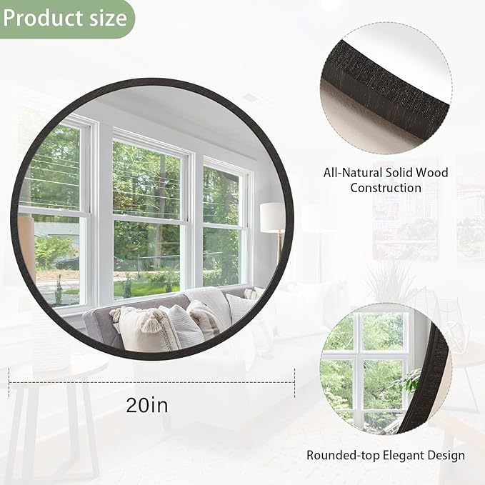 JJUUYOU Round Wall Mirror 20" Hanging Circle Mirror Round Mirrors for Bathroom Wooden Farmhouse Frame Mirrors for Bedroom Living Room or Entryway Wall Decorative