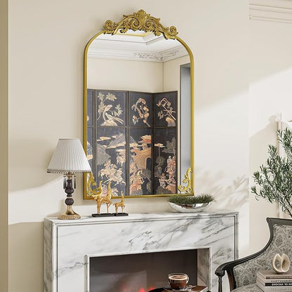 VooBang 26x38 inch Vintage Arched Bathroom Mirror - Gorgeous Wall Vanity Mirror with Beautiful Retro Top and Bottom Engraving Process Frame for Entryway Hallway Living Room, Gold