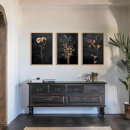 Aryroi Large Moody Dark Floral Framed Canvas Wall Art Set,Vintage Mid Century Dried Flower Wall Decor,Modern Boho Wildflower Botanical Artwork for Living Room,Bedroom,Farmhouse- 24"x36"x3