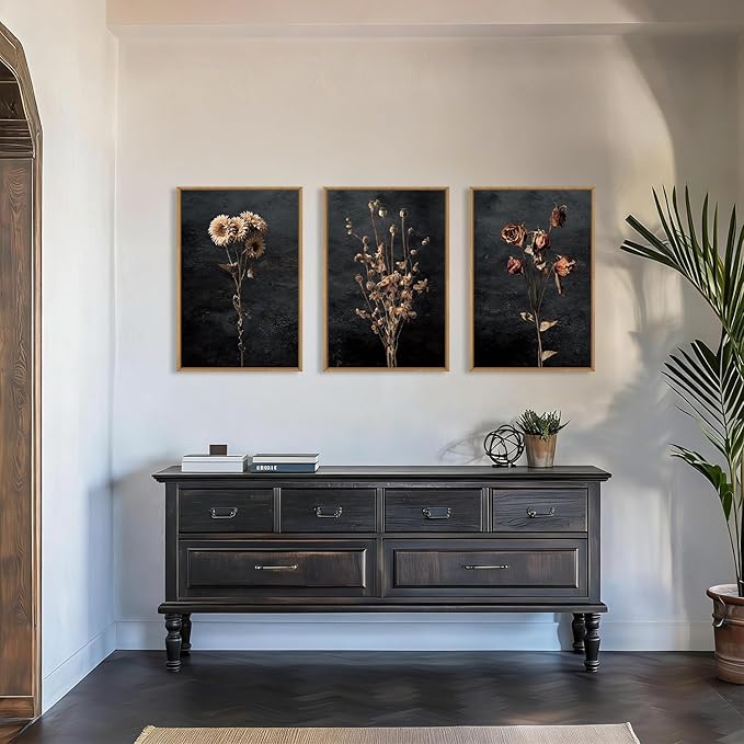 Aryroi Large Moody Dark Floral Framed Canvas Wall Art Set,Vintage Mid Century Dried Flower Wall Decor,Modern Boho Wildflower Botanical Artwork for Living Room,Bedroom,Farmhouse-16 x24 x3
