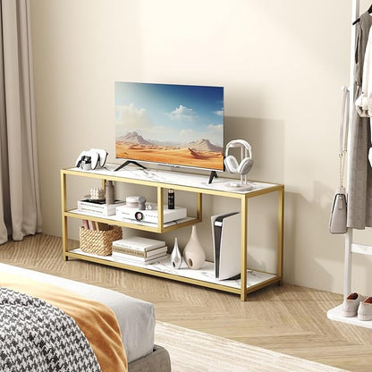 Function Home TV Stand for TVs up to 55 Inch, 3 Tier Entertainment Center, Media Console with Open Storage Shelves for Living Room Bedroom, 47” Modern TV Table with Faux Marble Top Gold Metal Leg