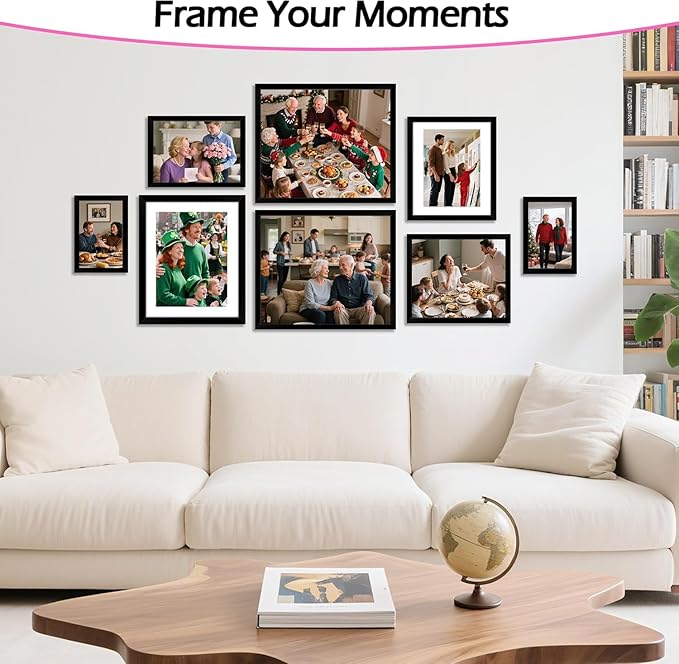 8x10 Picture Frame Set of 8, Black Photo Frames for Tabletop or Wall Display, Fits Pictures 5x7 with Mat or 8x10 Without, Frame Collage with HD Plexiglass for Home Wall Decor, with Gadget