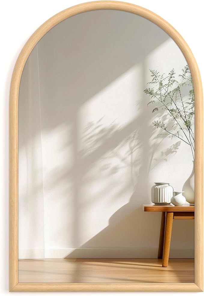 20"x30" Arch Wall Mirror for Wall, Wall Mounted Vanity Mirror for Bedroom, Wood Grain Finish Frame Mirror with Tempered Glass, Vintage Decorative for Bathroom, Entryway, Living Room, Natural