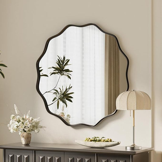 VooBang Black Scalloped Circle Mirror, 20" Wavy Edge Round Wall Mirror with Tempered Glass Textured Circular Metal Deep Frame, Hanging Leaning for Bathroom, Hallway, Entryway, Livng Room