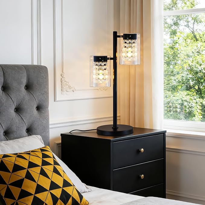 MantoLite Table Lamps with Clear Crystal Glass, Modern 2-Light Desk Lamps with Black Metal Base, Plug-in Bedside Lamp for Nightstands Bedroom, Office, Living Rooms