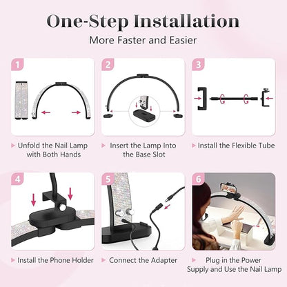 Half Moon Manicure Table Light: 31-inch Half Moon Light For Nail Desk With Phone Holder - AB Crystal Nail Tech Lamp For Beginner DIY - 48W Professional Nails Bright Desk Lamp for Salon,Lash,Tattoo