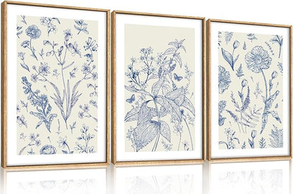 KAIRNE Navy Blue and White Floral Framed Canvas Wall Art Set,Chinoiserie Flower Wall Decor,Watercolor Botanical Art Prints,Modern Wildflower Artwork for Living Room,Bedroom,Farmhouse,Office-24 x36 x3