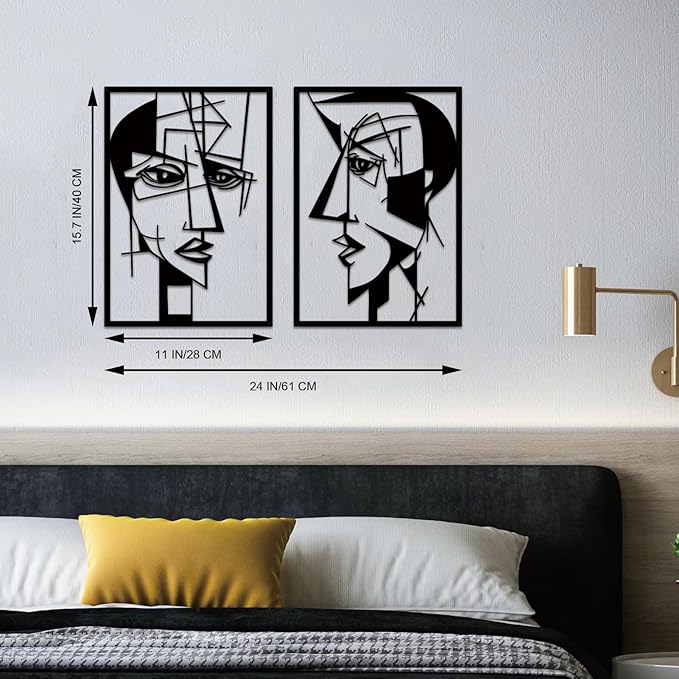 ESTART 2 Pieces Abstract Lover Faces Metal Wall Decor, Modern Minimalist Single Line Geometric Hanging Wall Art, Black Metal Wall Sculptures for Home Living Room Bedroom Bathroom Kitchen 24x15.7 IN