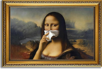 YD&YZY Gold Framed Funny Bathroom Wall Art Mona Lisa Humor Amusing Toilet Art Pinching Nose Wall Decor Vintage Unique Art Painting Picture Print Whimsical Artwork Bathroom Restroom 16x24 inch Framed