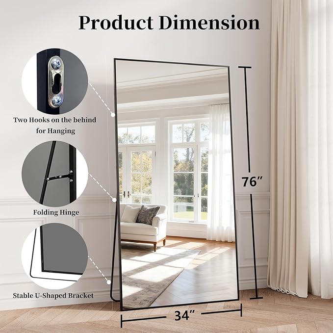 Full Length Mirror, 76"x34" Large Floor Mirror with Stand, Tall Full Body Mirrors for Bedroom, Hanging Mounted for Living Room Cloakroom, Aluminum Alloy Frame, Black